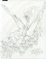 Pencil sketch (1990) Hot demon chick and dragon snake! Comic Art